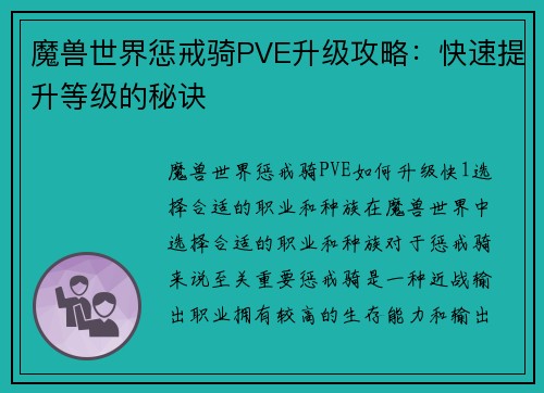魔兽世界惩戒骑PVE升级攻略：快速提升等级的秘诀